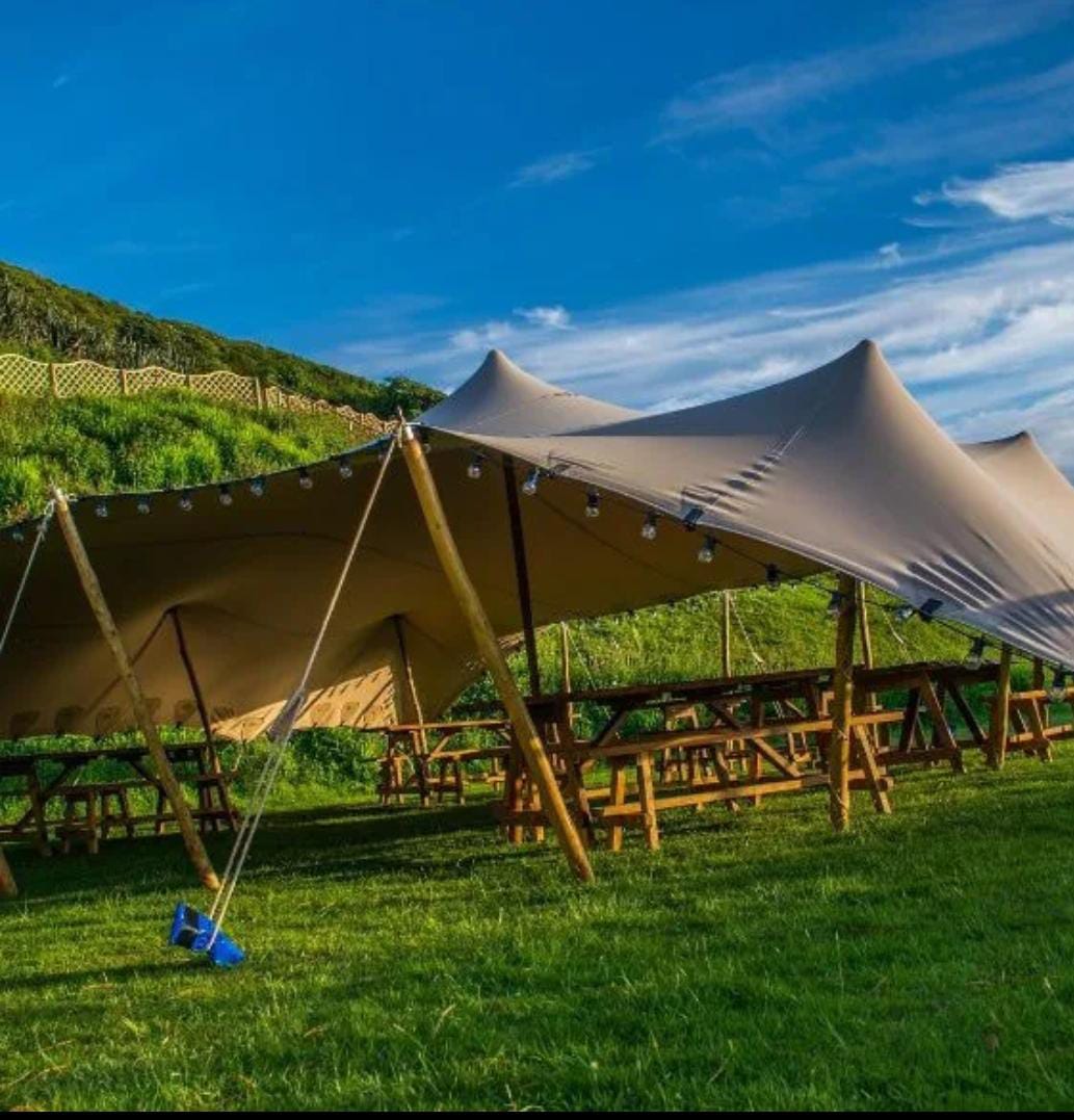 Brown stretch tent covering outdoor tables